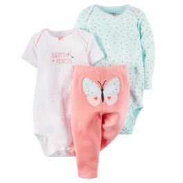 Conjunto Carter´s 3 Pçs Body M/L Body M/C e Calça Borboleta - 9 Meses