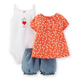 Conjunto Carter´s 3 Pçs Laranja Estampado e Branco - 9 meses - Menina