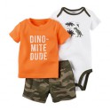 Conjunto Carter´s 3 Pçs - Body, Shorts Camiseta - Menino - Laranja Dino - 6 meses